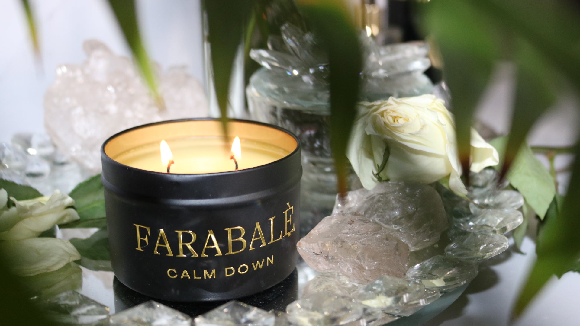 A black candle metal tin with a gold metal logo label, featuring multiple organic wicks, burning with a warm glow. The candle is made with natural coconut and soy wax and non toxic fragrance oils. Decorative candle for aesthetic appeal